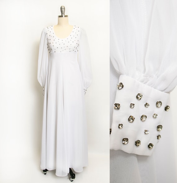 1960s Dress White Chiffon Rhinestone Wedding Maxi