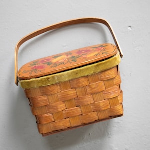 1970s Basket Purse Woven Wooden Hand Painted Bag