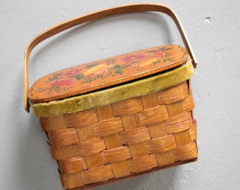 1970s Basket Purse Woven Wooden Hand Painted Bag