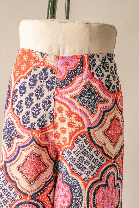 1970s Palazzo Pants Linen Paisley Wide Leg S - image 5