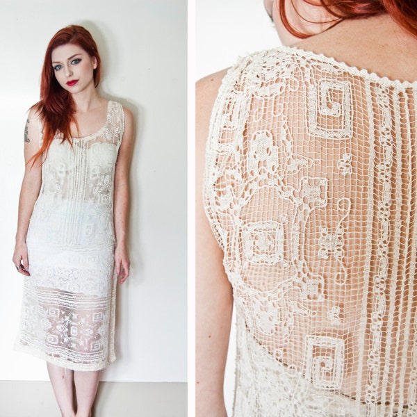 Vintage 1920s Dress - Sheer Crochet Lace Flapper 20 Party Art Deco - Small