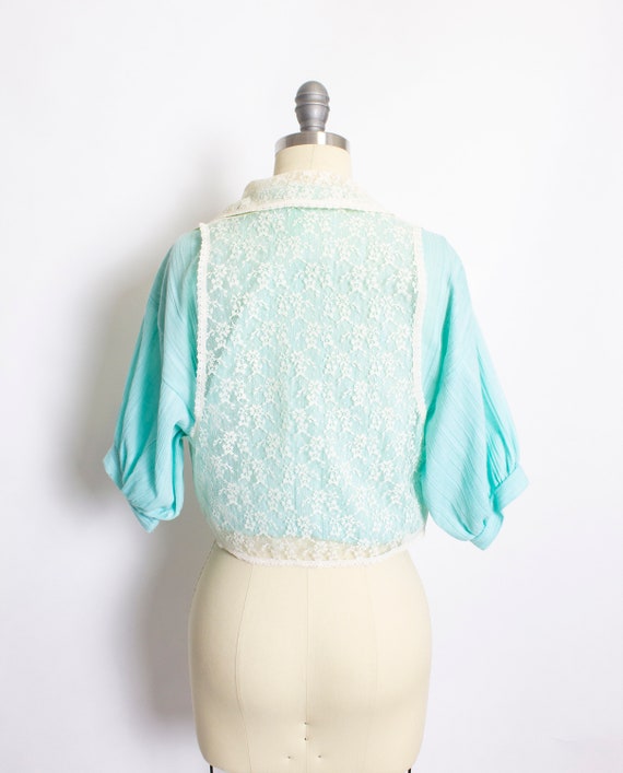 1970s Blouse Set Lace Vest + Blue Cropped Blouse S - image 10