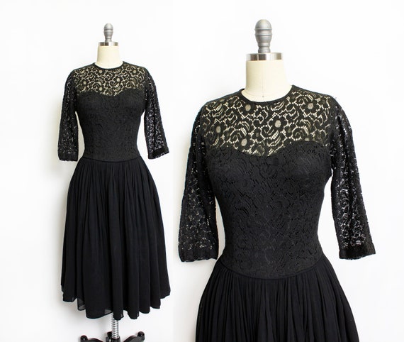 1950s Dress Black Illusion Chiffon Lace S - image 1
