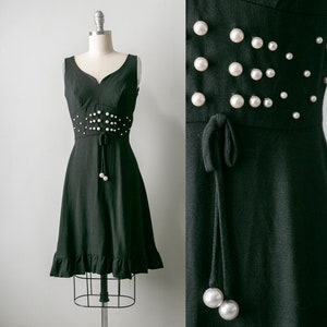 1960er Jahre Kleid Schwarz Leinen Perlen XS