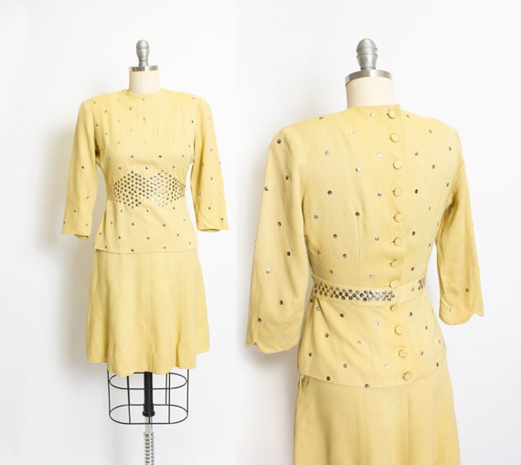 Vintage 1940s Ensemble Studded Yellow Cotton Top S