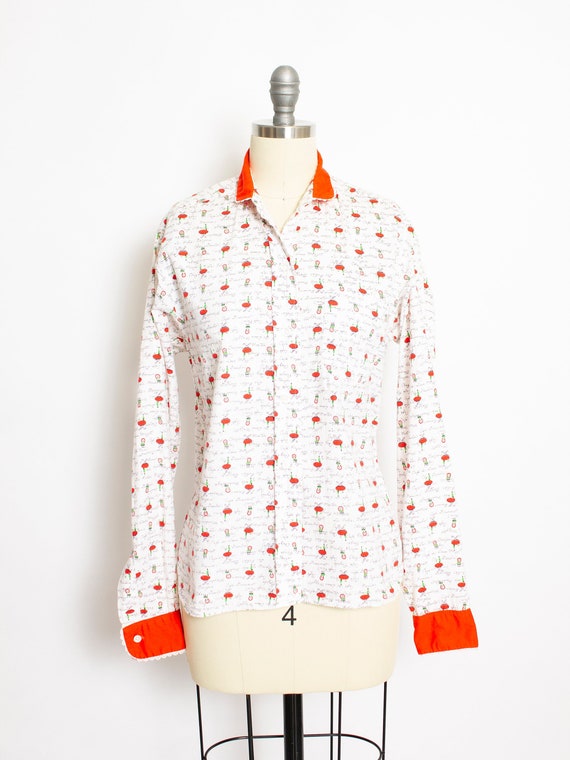 1950s Shirt Novelty Print French Cafe Blouse M - image 1