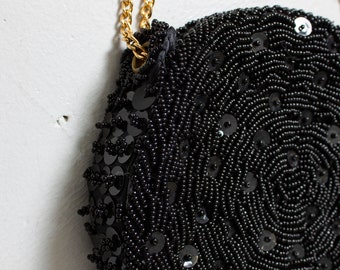 LANCOME Small Black Beaded Evening Bag Purse Lined w/ Tassel