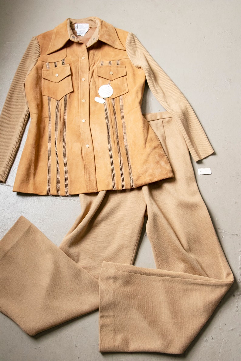 1970s Ensemble Deadstock Knit Suede Pants Jacket L image 4
