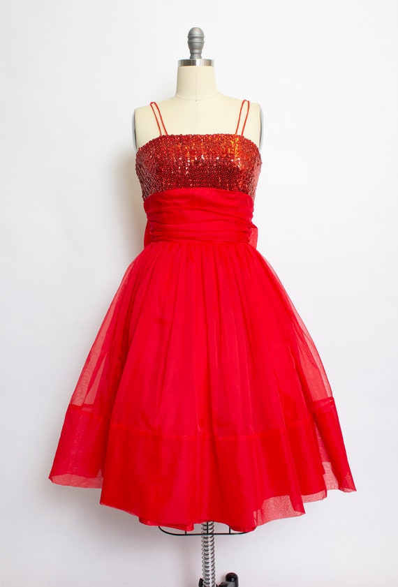 1950s Dress Red Chiffon Sequins Full Skirt S - image 8