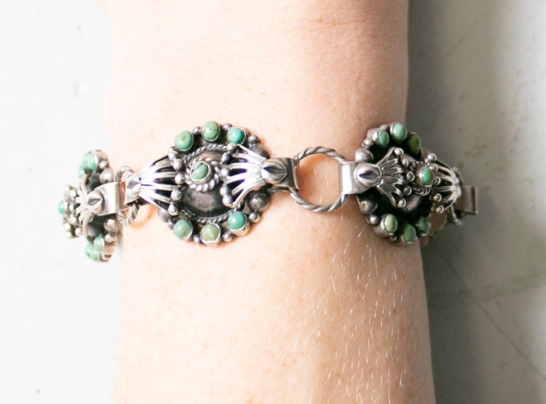 1930s Bracelet Sterling Taxco Wrought Turquoise Links