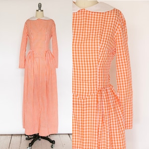1970s Dress Gingham Maxi Gown Peasant Prairie M
