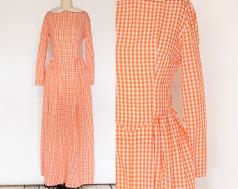 Vestido largo de cuadros vichy estilo campesina de los años 70, talla M