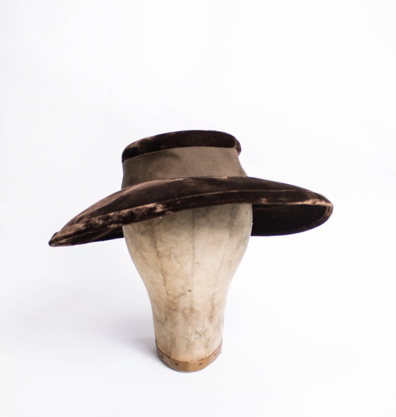 1940s Hat Wide Brim Brown VELVET Oversized Sun