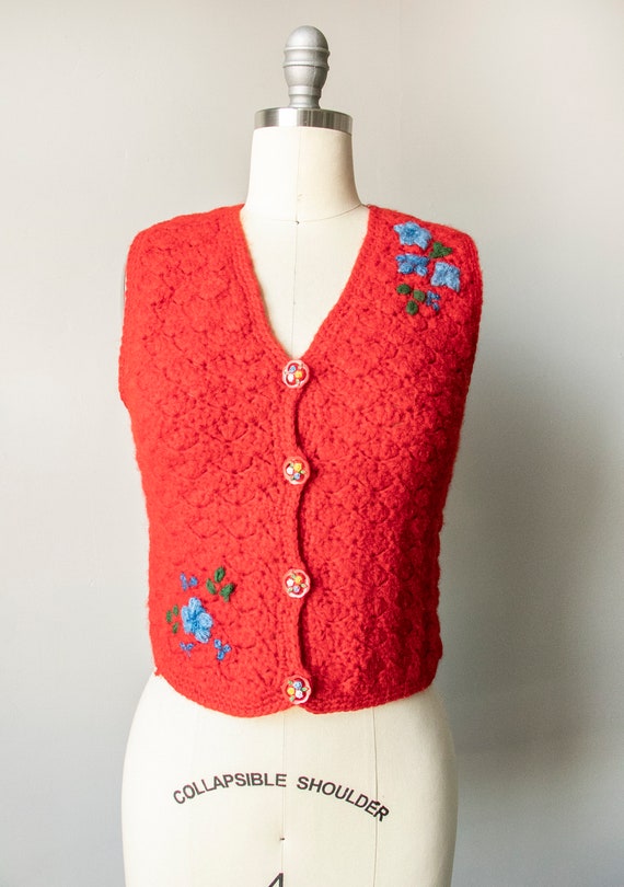 1970s Knit Top Floral Vest XS