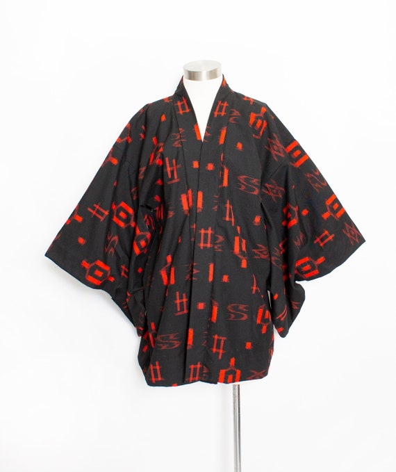 1970s Haori Cotton Black Red Kimono Japanese Robe