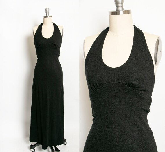 1970s Maxi Dress Young Edwardian Black Halter XS
