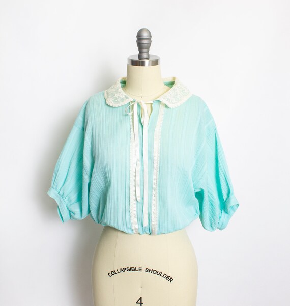 1970s Blouse Set Lace Vest + Blue Cropped Blouse S - image 2