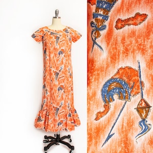 1960s Novelty Print Dress Hawaiian Cotton M