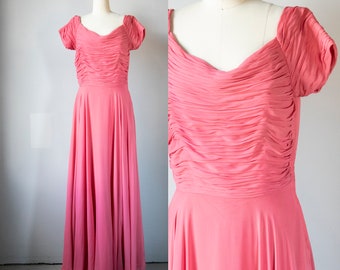 1950s Dress Pink Chiffon Ruched Gown M