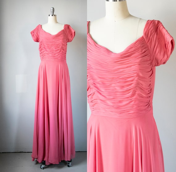 1950s Dress Pink Chiffon Ruched Gown M - image 1