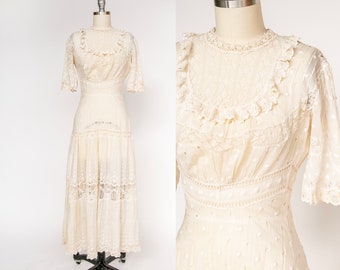 1910s Antique Dress Sheer Lace Cotton XS