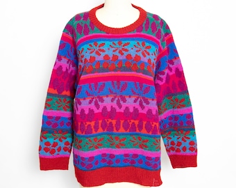 1990s Sweater Wool Bright Oversized Hand Knit M