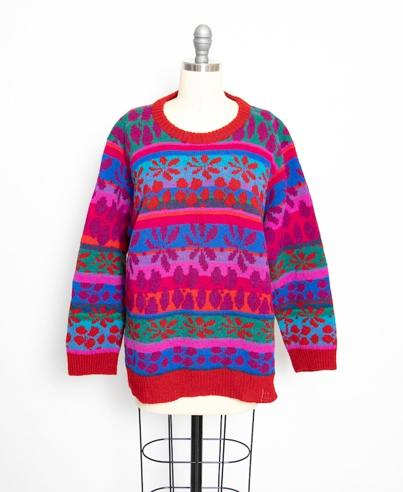 1990s Sweater Wool Bright Oversized Hand Knit M - image 1