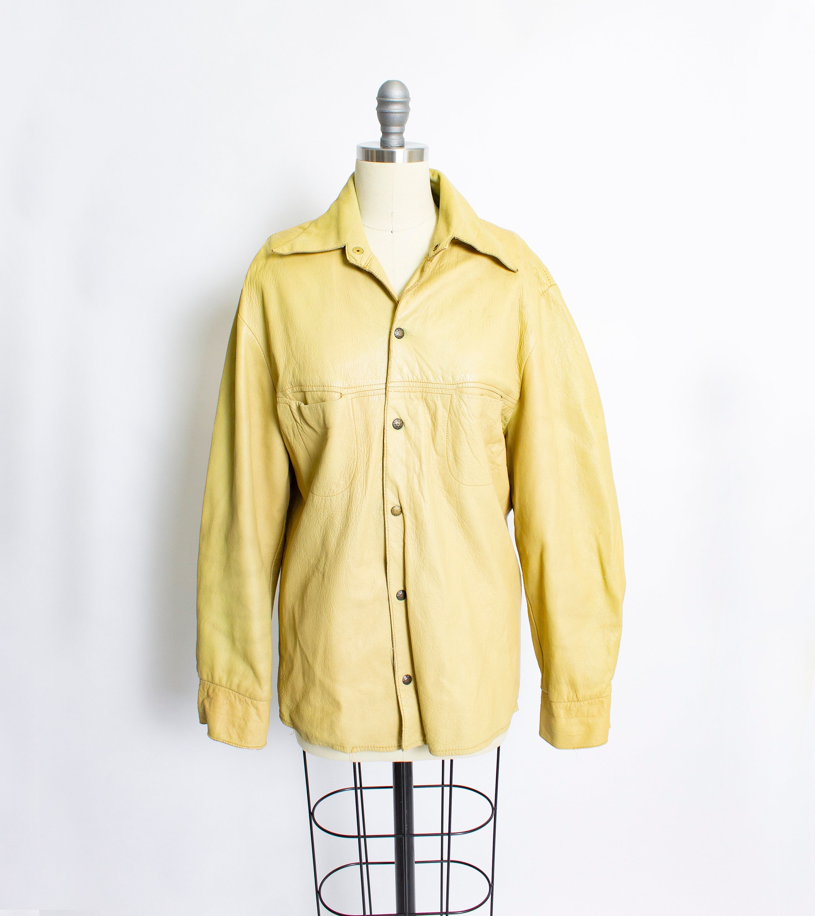 1970s Buckskin Leather Jacket Heavy Shirt Beige M