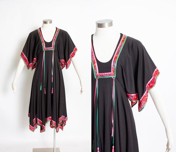 1970s Dress Black Boho Handkerchief Peasant mall