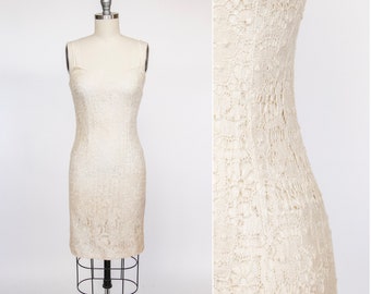 1990er Jahre Mini Kleid Irische Spitze Beige XS P