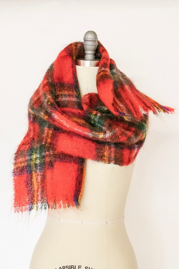 1960s Scarf Mohair Wool Red Plaid Knit Wrap - image 2