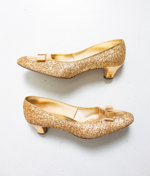 1960s Shoes Gold GLITTER Mod Chunky Heels 7 1/2