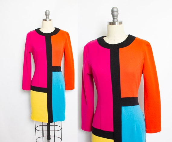 Vintage 1980s Knit Dress Color Block Neon Fitted 8