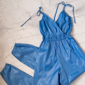 1980s Jumpsuit Blue Cotton Romper S/M image 4