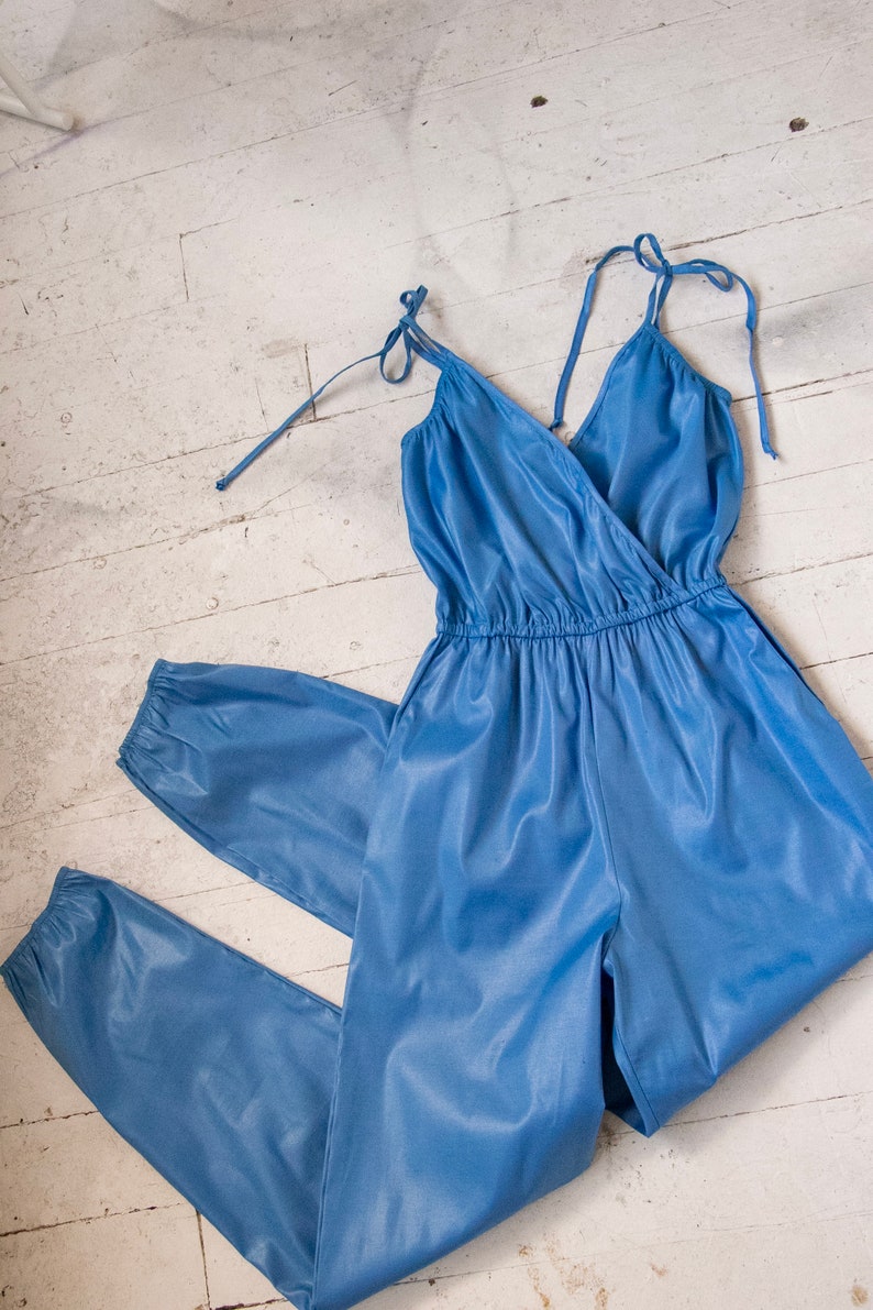 1980s Jumpsuit Blue Cotton Romper S/M image 4