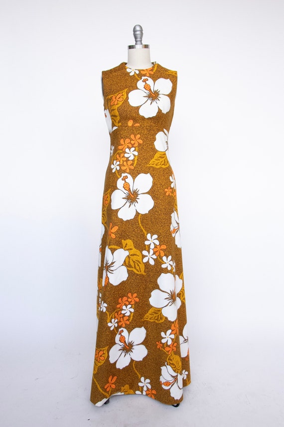 1960s Hawaiian Dress Printed Cotton Maxi XS