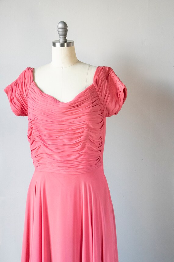 1950s Dress Pink Chiffon Ruched Gown M - image 4