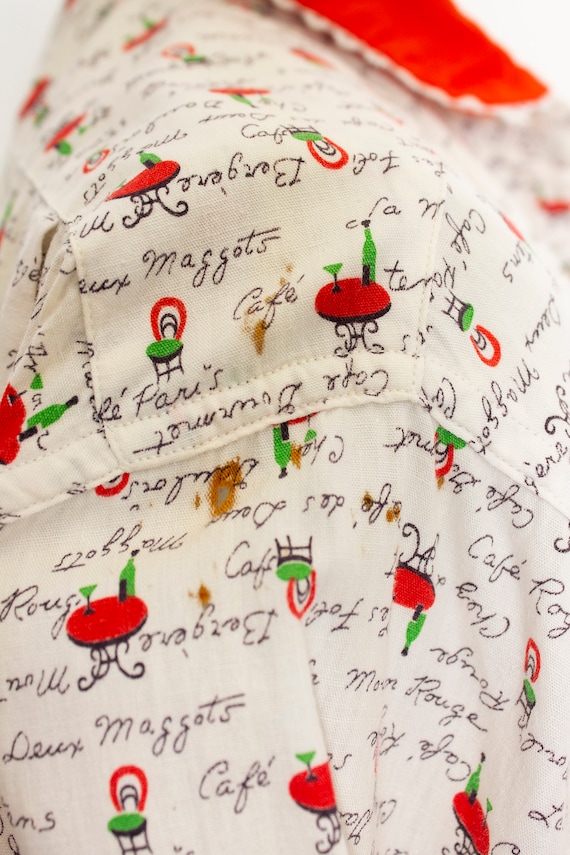 1950s Shirt Novelty Print French Cafe Blouse M - image 8