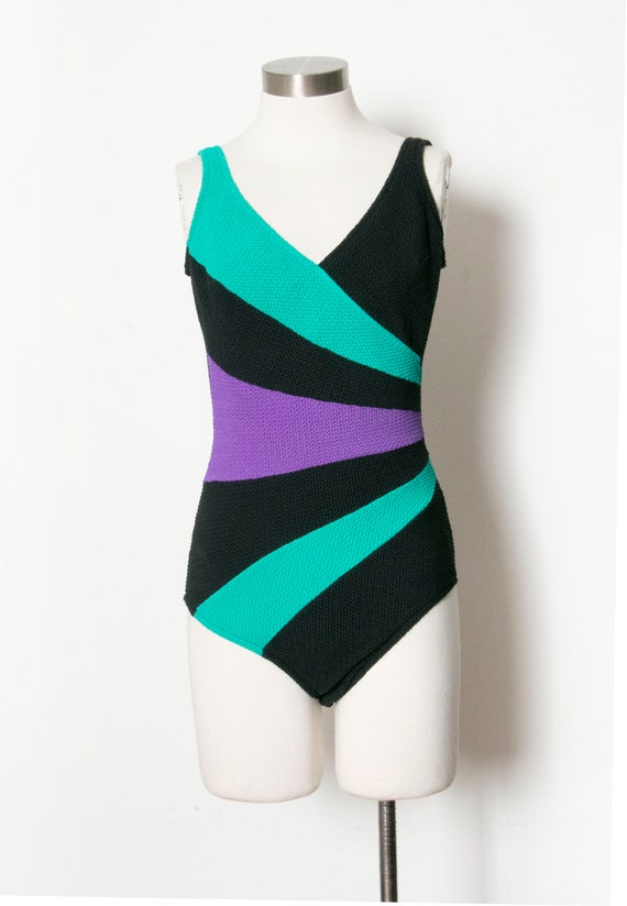 1990s Bathing Suit One Piece Color Block Swimsuit 