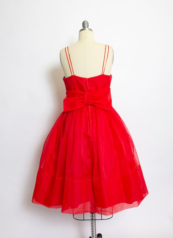 1950s Dress Red Chiffon Sequins Full Skirt S - image 2