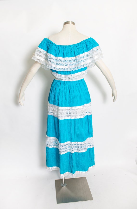 1970s Dress Mexican Lace Teal Maxi Off Shoulder L - image 2