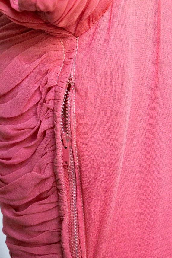 1950s Dress Pink Chiffon Ruched Gown M - image 7