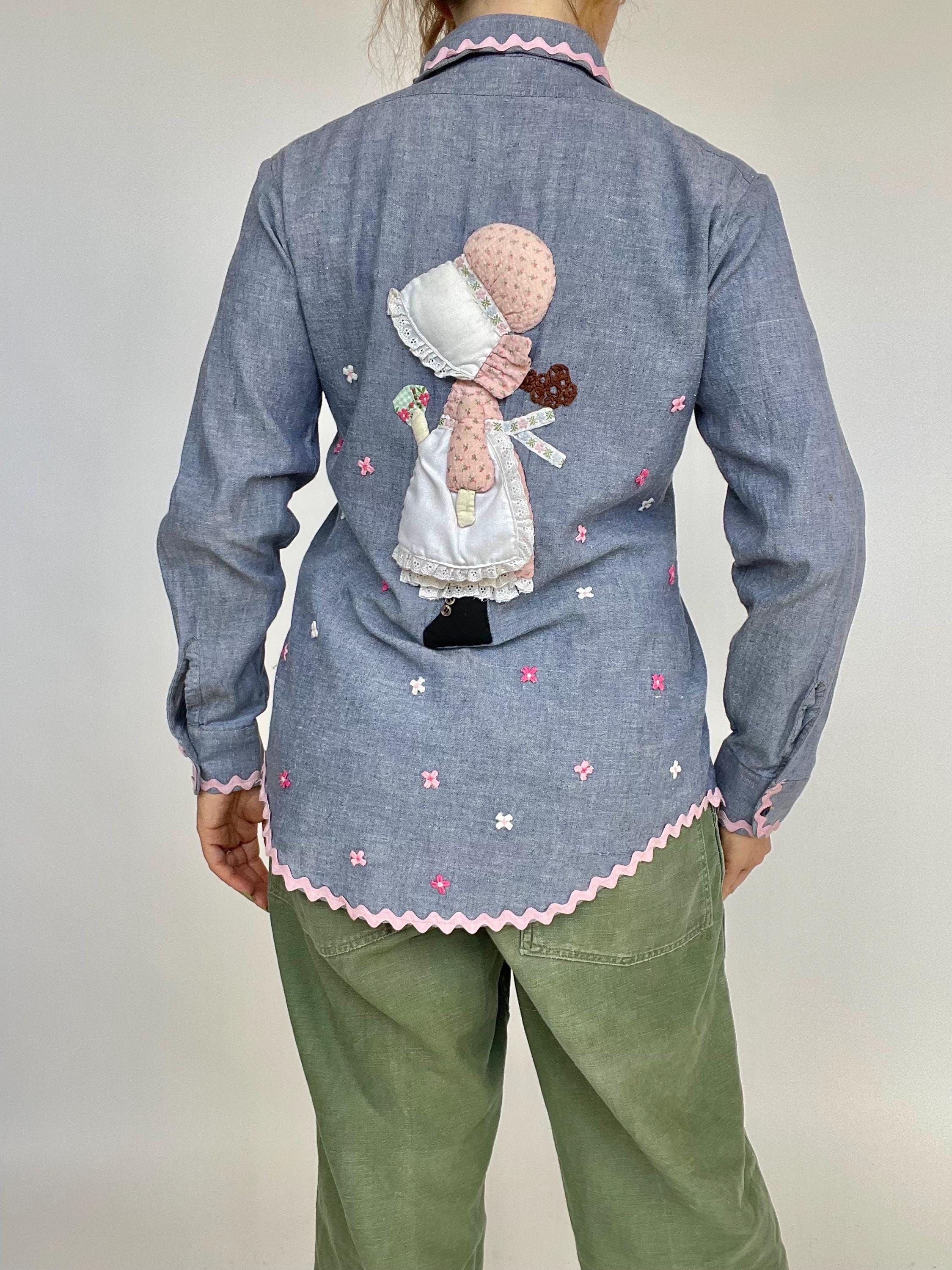 1970s Chambray Shirt Button up Holly Hobbie Appliqué Ric Rac S - Etsy
