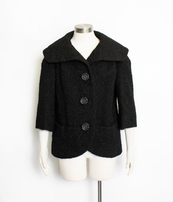 Vintage 1950s Coat Black Wool Boucle Shawl Collar