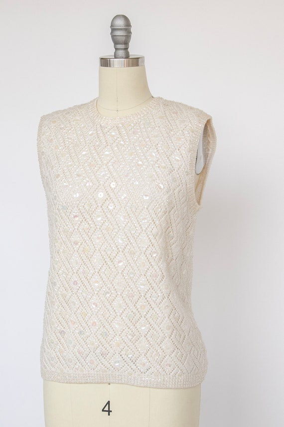 1960s Sequin Top Wool Knit Sleeveless Blouse M - image 5