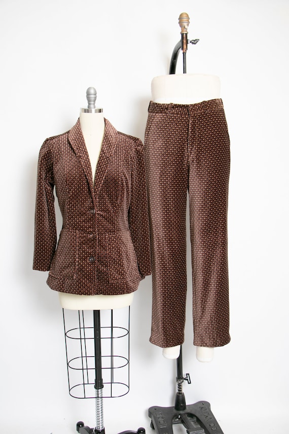 1990s Velvet Printed Suit Set Pants Blazer S/M
