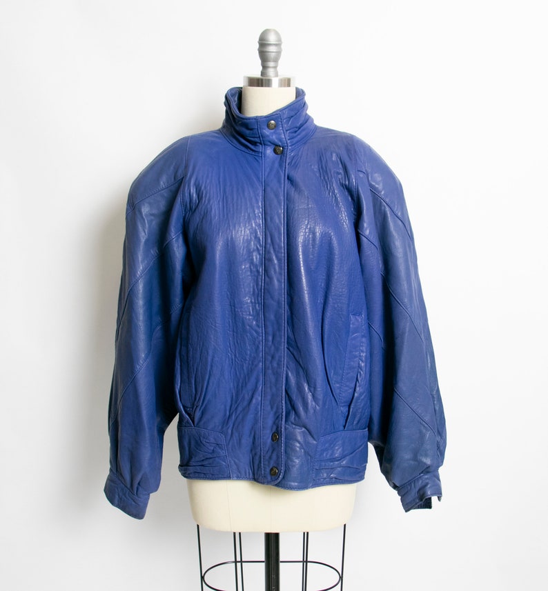 1980s Leather Jacket Cobalt Blue L | Etsy