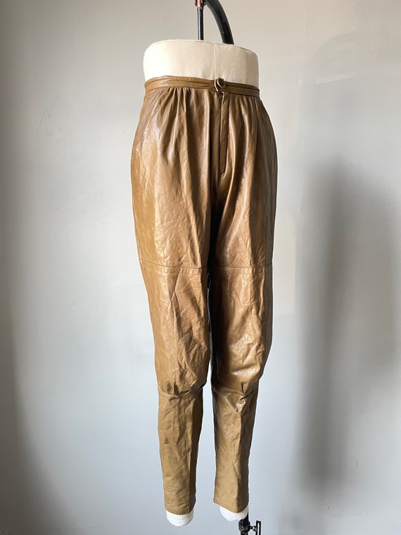 1980s Leather Pants Taupe High Waist S - image 1