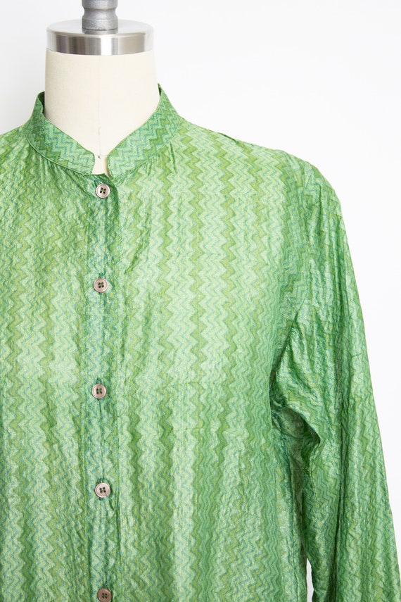 1970s India Silk Blouse Green Sheer Shirt M - image 4