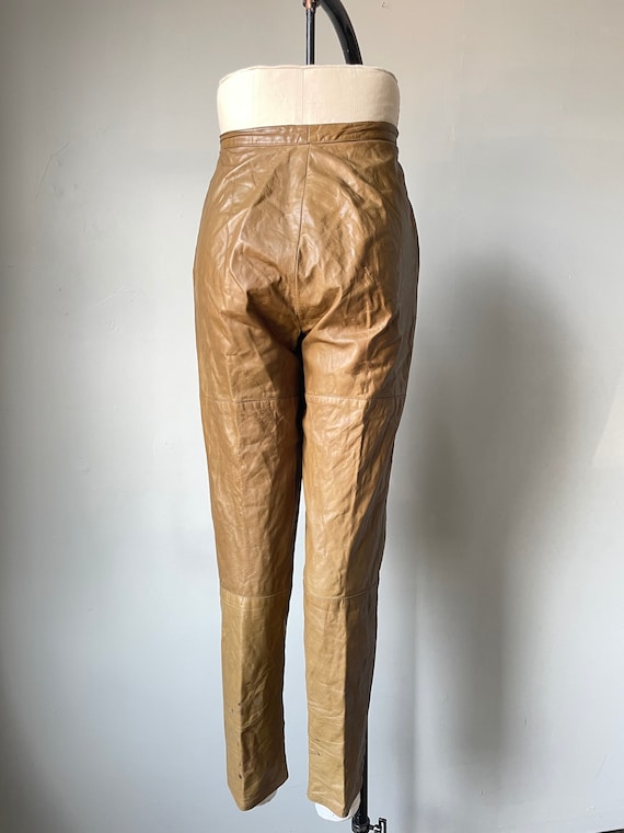 1980s Leather Pants Taupe High Waist S - image 3